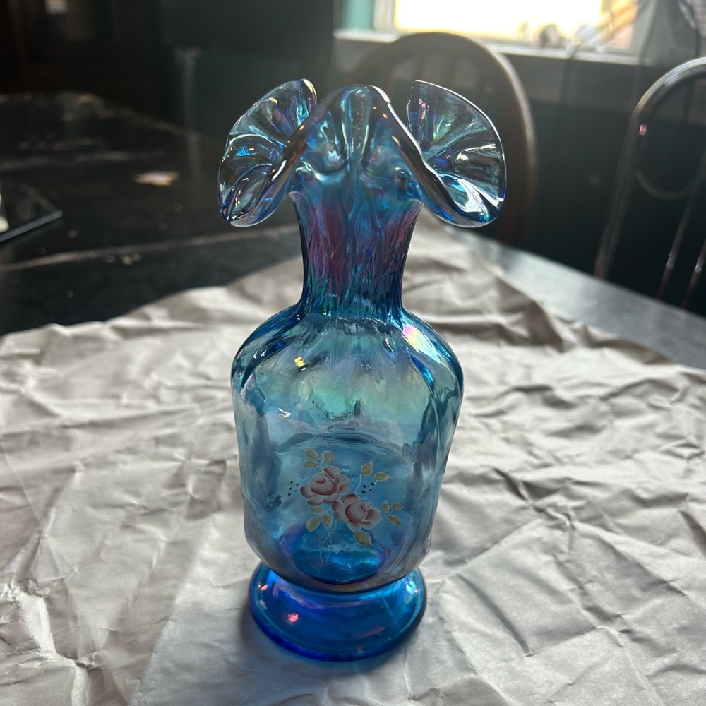 Fenton Iridescent Square Vase with Ruffled Top Artist Signed L.Everson